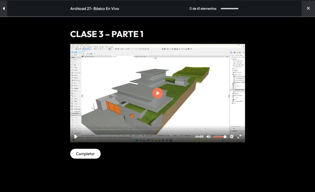 Captura de pantalla de una clase en línea del curso Archicad 27 Básico, mostrando un modelo 3D arquitectónico en el software Archicad y un botón de reproducción sobre el video.