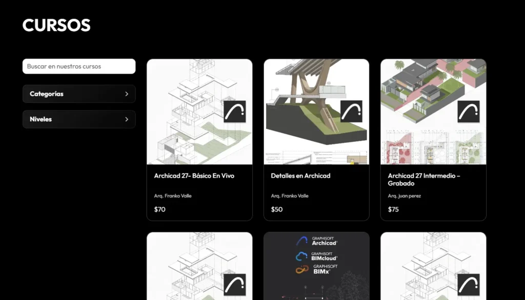 Catálogo de cursos online de arquitectura en VIMOD, incluyendo Archicad 27 básico, intermedio y detalles técnicos, con precios y docentes visibles