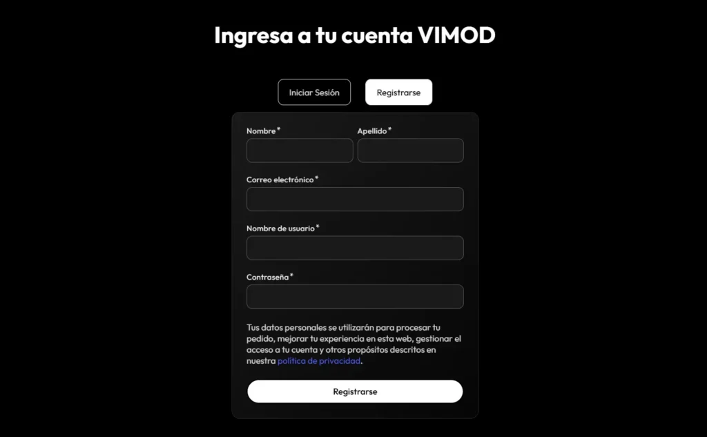 Formulario de registro en la plataforma educativa VIMOD para acceder a cursos de arquitectura digital