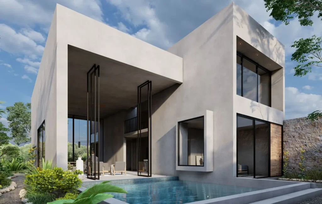 Render de una casa de arquitectura contemporánea con piscina y áreas verdes, hecho por un estudiante de Vimod.