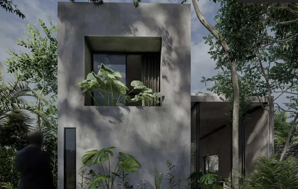 Render de una vivienda minimalista con ventanales y vegetación, realizado por un estudiante de Vimod.