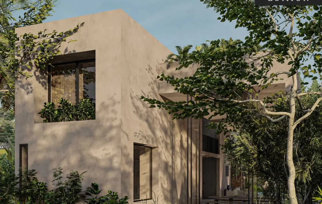Render de una casa moderna rodeada de naturaleza, elaborado por un estudiante de Vimod.