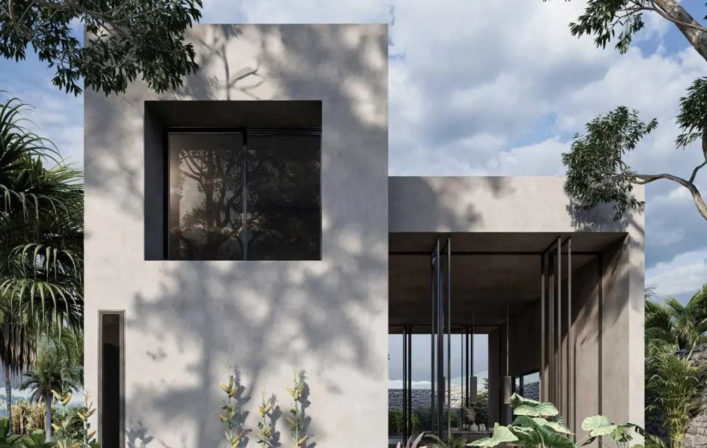 Render de una fachada de casa con diseño geométrico y sombra de árboles, realizado por un estudiante de Vimod.