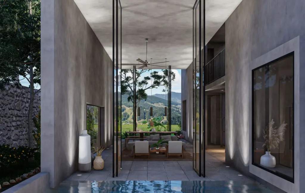 Render interior de una casa moderna con piscina y grandes ventanales, creado por un estudiante de Vimod.